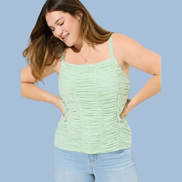 2X 18W 20W Torrid Green Floral Stretch Mesh Cropped Shirred Cami Square Neck Tan - Picture 1 of 6